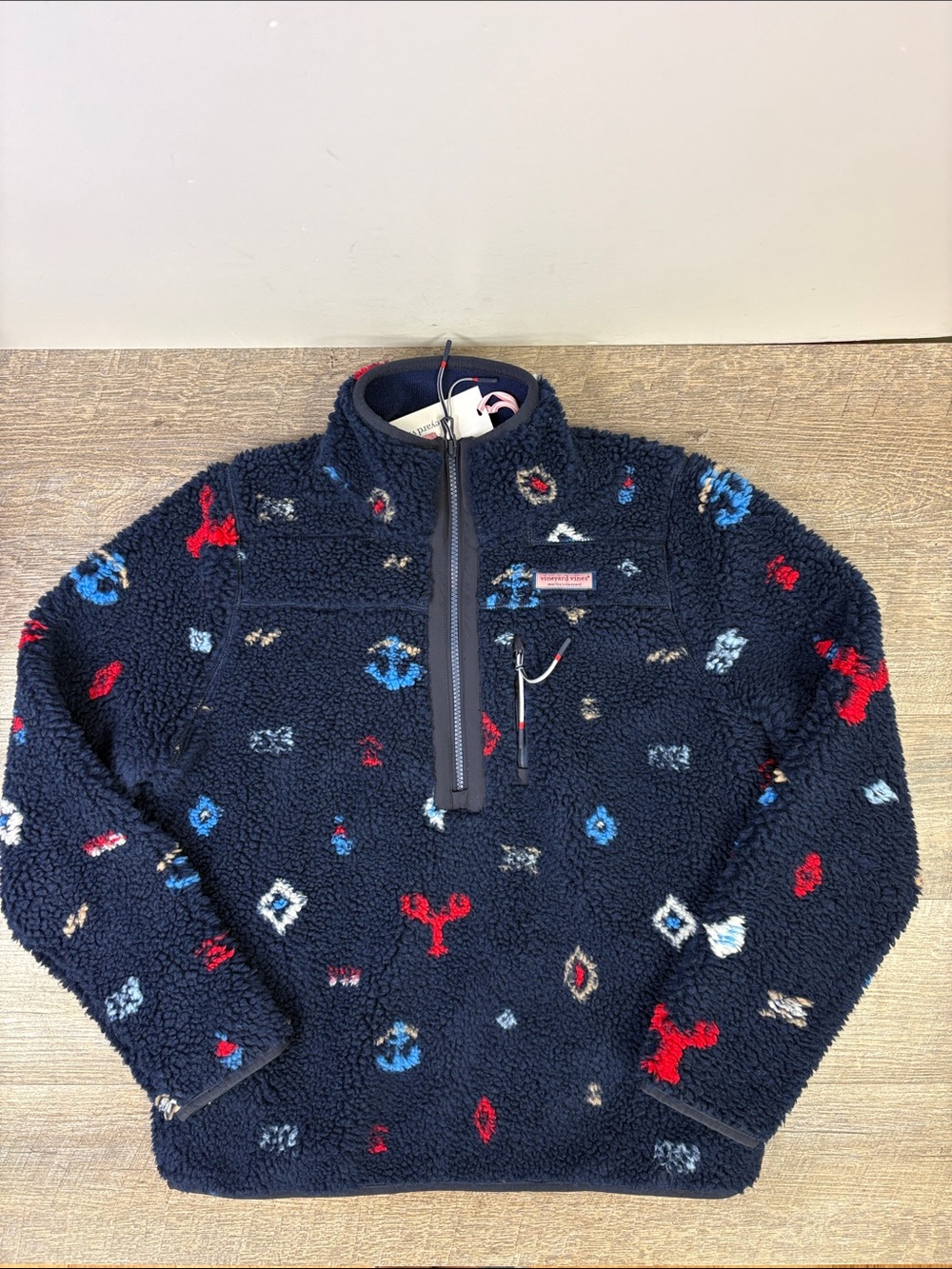Vineyard Vines SuperShep Nautical Icons Sherpa Fleece Pullover Navy XS NWT